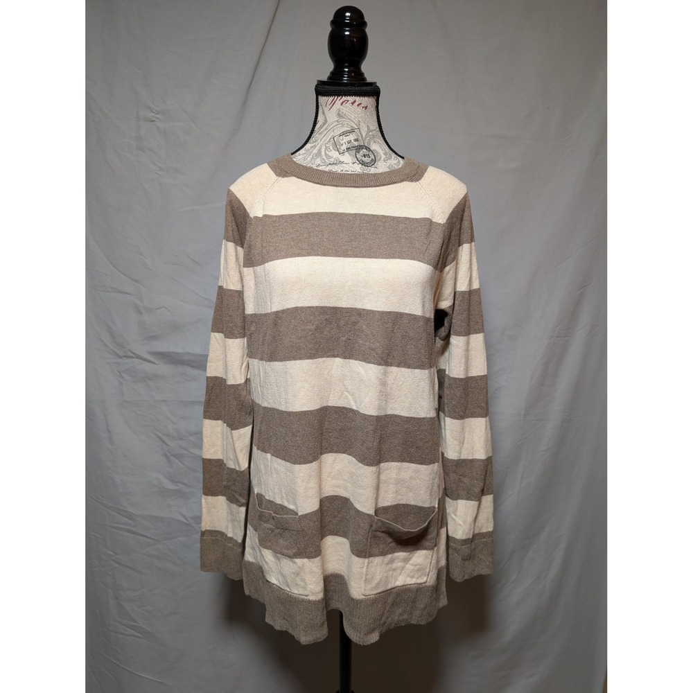 Jeanne Pierre‎ Taupe Cream Striped Cotton Knit Neutral Sweater Pockets Large